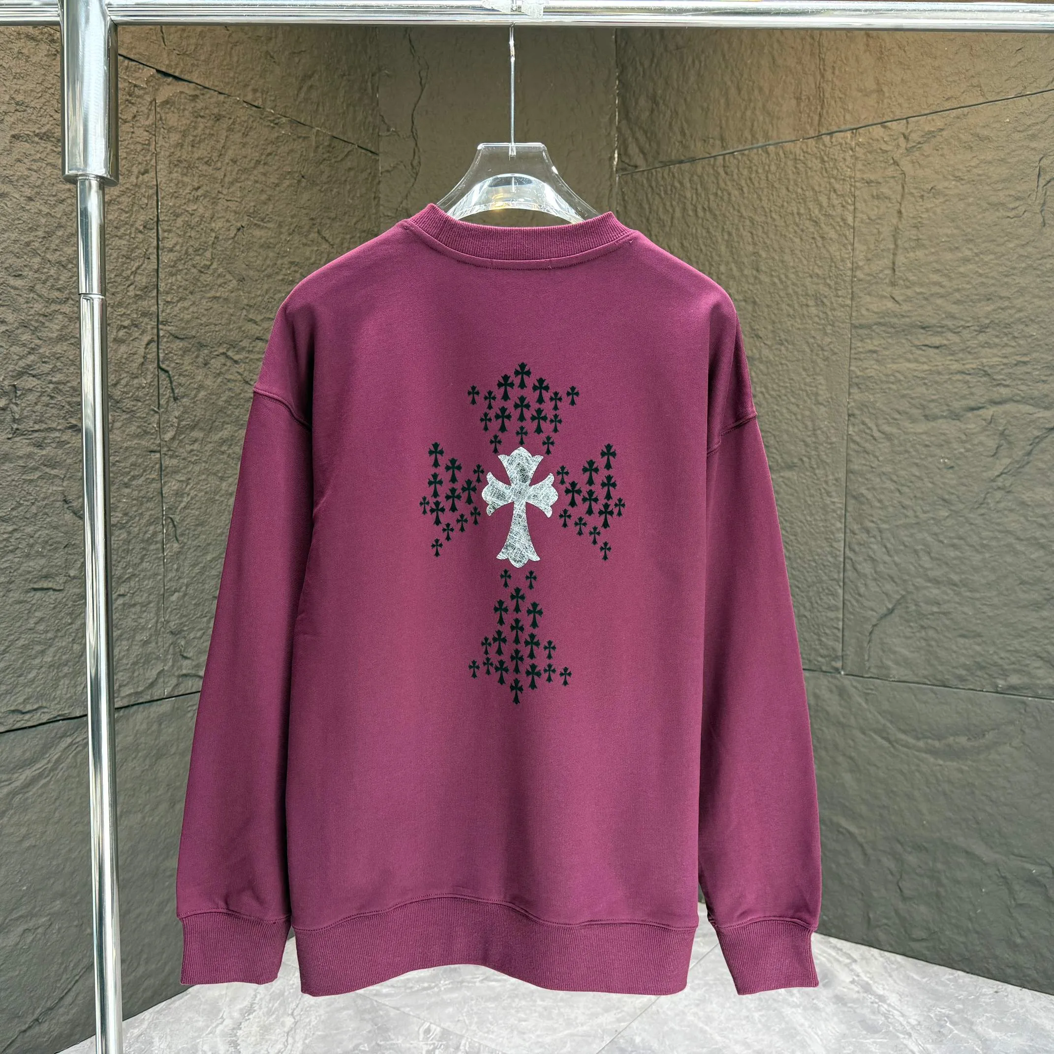 🅿️250 CH* Croixin* 2025 autumn and winter new round neck sweatshirt 400g terry cotton Sanskrit horseshoe logo flocking➕silver wire Color: Black White Gray Purple Size: S M L XL XXL